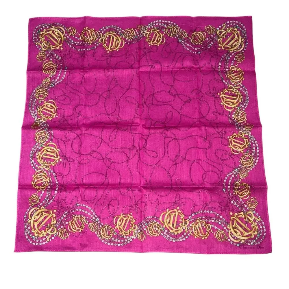 VTG Christian Dior Pink Gold Monogram Logo Pearl Pocket Square Twilly Bag Scarf